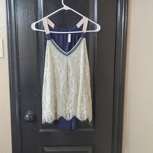 Xhilaration Sleeveless Tank Top blouse, Size M, blue/green with lace overlay